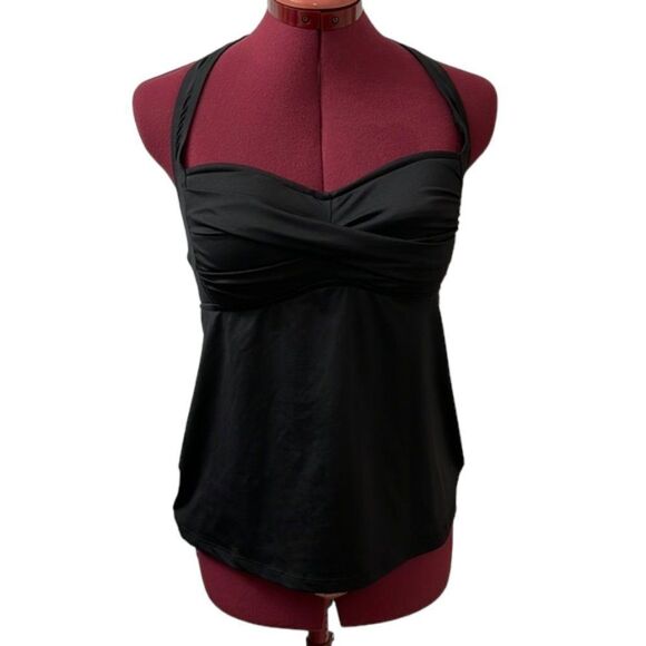 Bisou Bisou Black Ruched Twist-Front Sweetheart Neck Halter Tankini Top MED NWOT - Picture 1 of 9